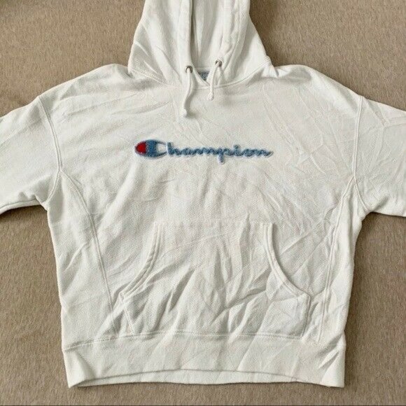 Champion reverse weave white hoodie women’s medium blue logo sweatshirt sport - Picture 8 of 8
